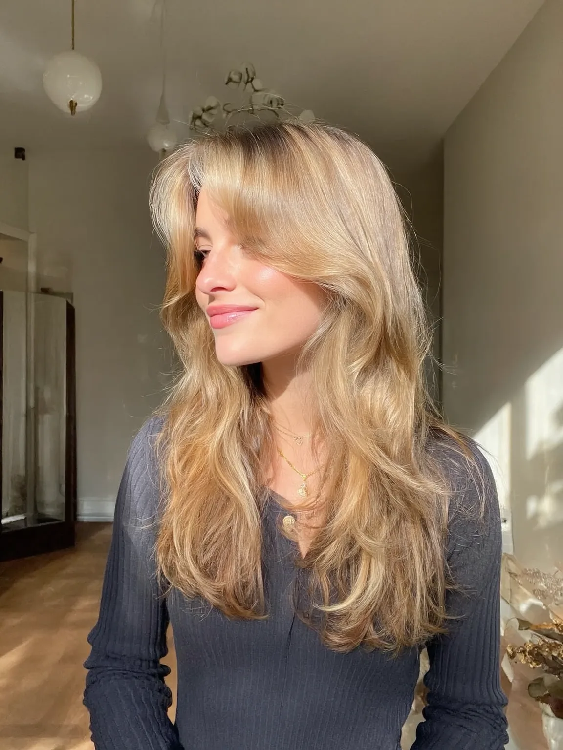 warm caramel blonde balayage layered cut